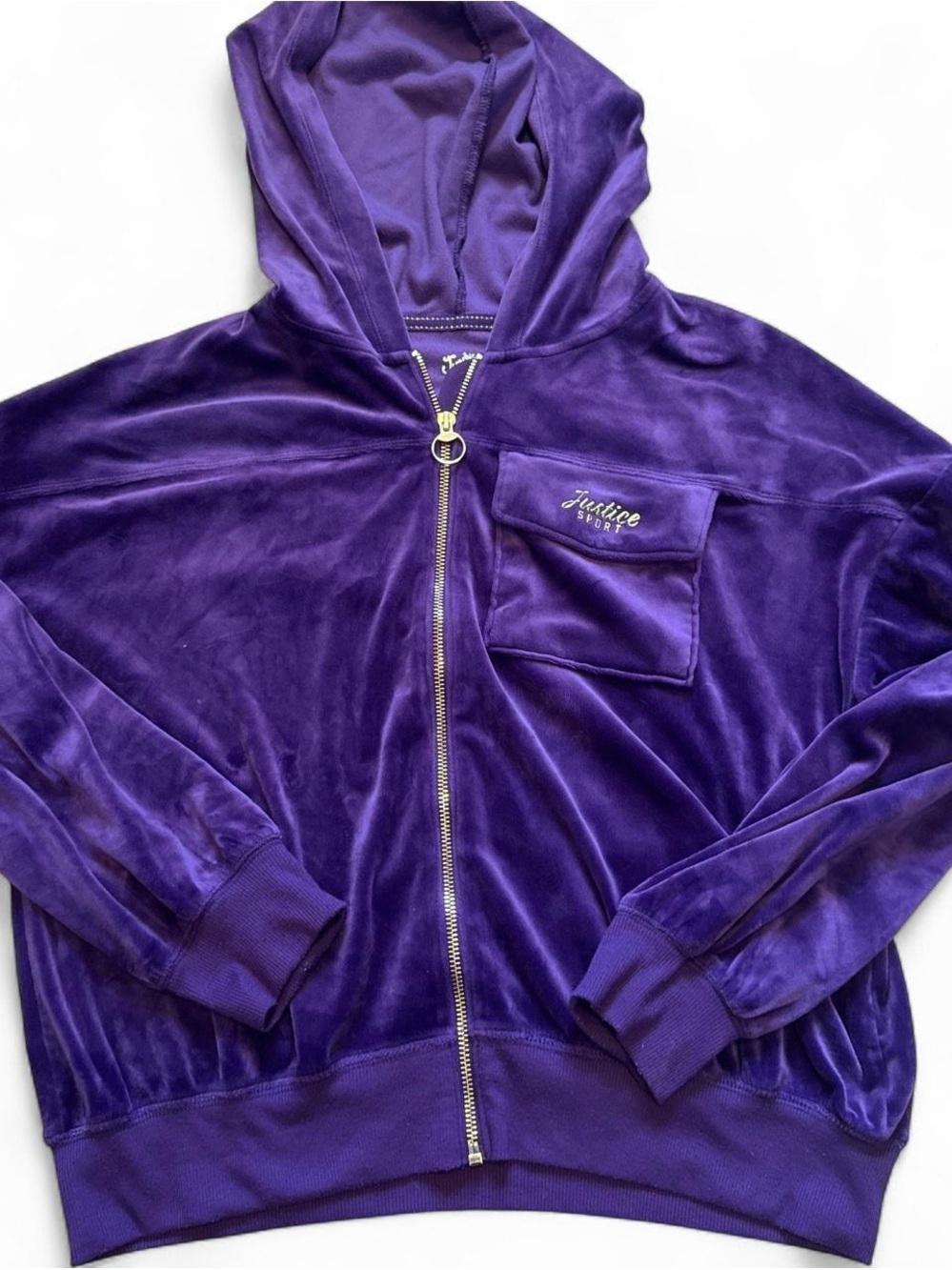 Justice Purple Velour Hoodie with Gold Accents